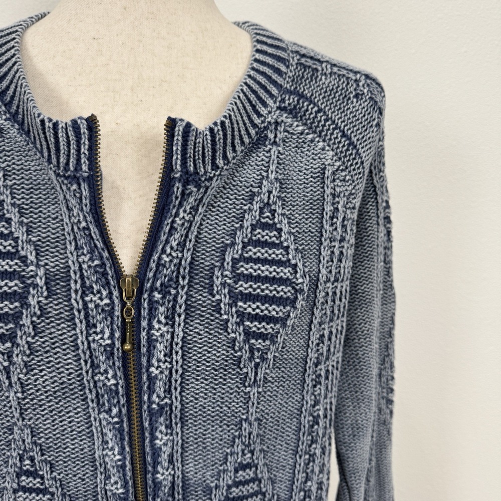 Womens Fisherman Knit Zip Front Sweater Blue Textured Coastal Cardigan Layering - Picture 5 of 13